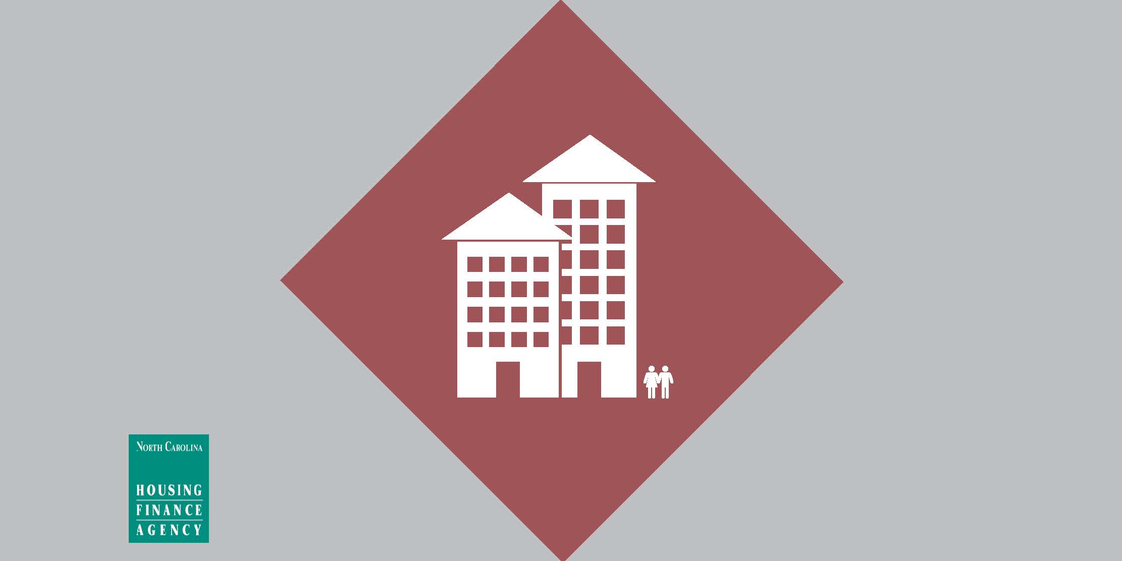 Red diamond graphic with apartments in the middle