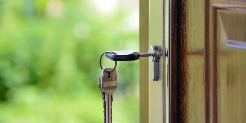 Key in a door with greenery background