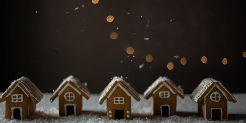 Tiny gingerbread houses in a row