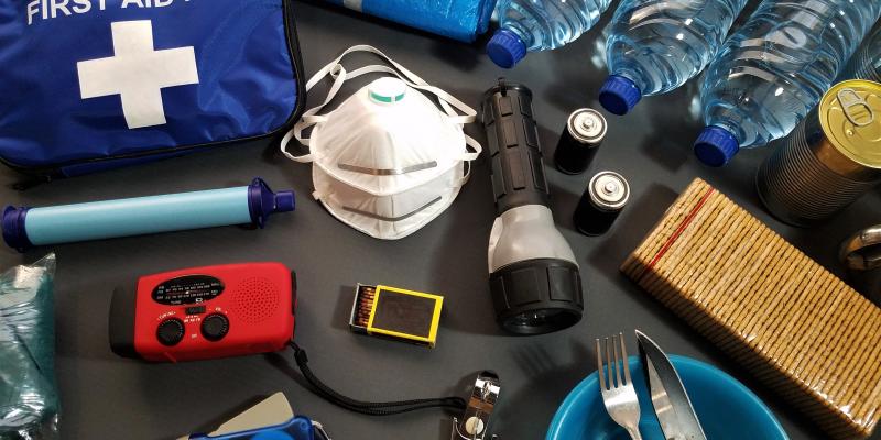 Contents of an emergency kit on a table